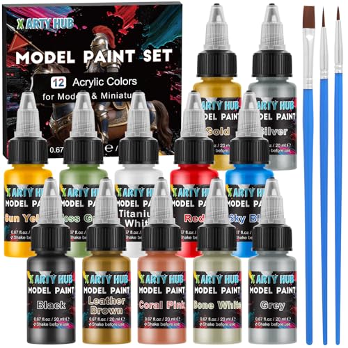 X ARTY HUB Model Paint Set - 12 Colors with 3 Brushes, Miniature Paints (Base/Skin Tones/Shadows/Metallics) for Airbrushing & Hand Painting, Acrylic Paint for Models, Miniatures & Wargaming Props - color: 12 Colors + 3 Brushes