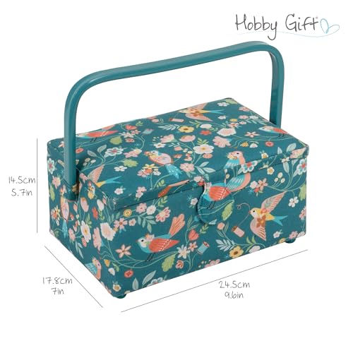 Hobby Gift Medium Sewing Box Organiser, Fabric Covered Storage Box with Handle, Internal Tray, Pin Cushion and Pocket for Sewing, Quilting and Knitting Supplies - color: Birds