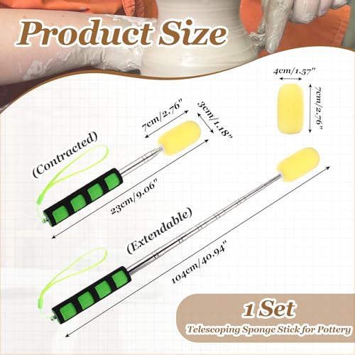 PATIKIL 41" Telescoping Sponge Stick for Pottery, Retractable Ceramic Sponge Tool with 2pcs Head for Removing Excess Water from Tall and Narrow Pottery, Yellow/Green(1.18/1.57"W) - color: Yellow/Green