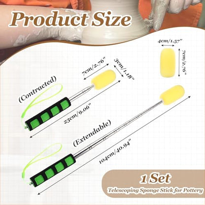 PATIKIL 41" Telescoping Sponge Stick for Pottery, Retractable Ceramic Sponge Tool with 2pcs Head for Removing Excess Water from Tall and Narrow Pottery, Yellow/Green(1.18/1.57"W) - color: Yellow/Green