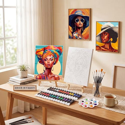 Cholemy 36 Pcs Paint and Sip Kit for Adults 8''x10'' Pre Drawn Canvas for Painting DIY Afro Acrylic Painting Kit Wood Easel Brushes Date Night Bulk for Summer 4th of July Party Gift(African Women) - style: African Women