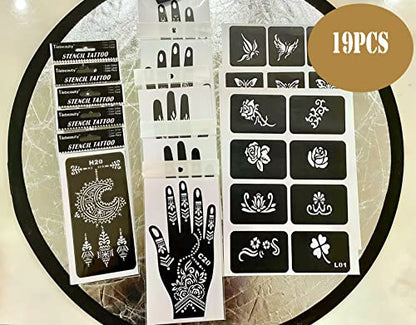 Temporary Tattoo Stencils Kit - 19 Sheets Butterfly, Flower, and Henna Stencils for Hands Body Paint, Glitter, Airbrush, and DIY