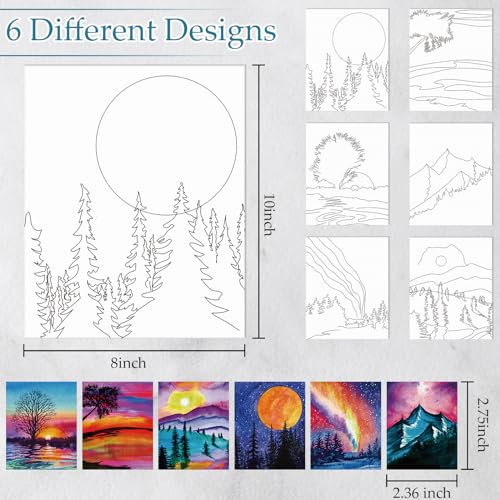 Dinifee 6 Pack Pre Drawn Canvas for Painting Pre Printed Canvas Kit 8 x 10 Inch Stretched Cotton Paint and Sip Set for Adults Couple Party Graduation Summer Date Night(Scenery) - style: Scenery