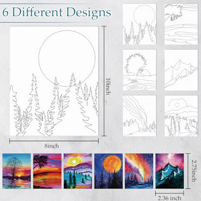 Dinifee 6 Pack Pre Drawn Canvas for Painting Pre Printed Canvas Kit 8 x 10 Inch Stretched Cotton Paint and Sip Set for Adults Couple Party Graduation Summer Date Night(Scenery) - style: Scenery