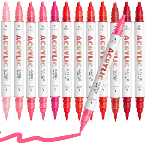 Red Series Acrylic Paint Pens, Water Based 12 Colors Dual Tip Acrylic Paint Markers for Rock Painting Wood, Glass, Ceramic, Canvas, Fabric, Stone, DIY Crafts Making Art Supplies - color: Red Series