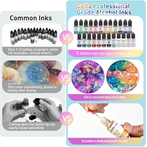 Geila Alcohol Ink Set 24 Colors – High Concentration Alcohol Inks for Resin, Vibrant Epoxy Resin Dye for Petri Dish, Coaster, Tumbler Cup, Art Painting (Each 0.35oz)