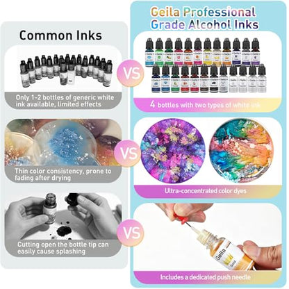 Geila Alcohol Ink Set 24 Colors – High Concentration Alcohol Inks for Resin, Vibrant Epoxy Resin Dye for Petri Dish, Coaster, Tumbler Cup, Art Painting (Each 0.35oz)
