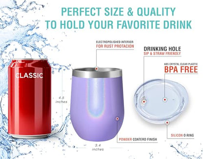 CHILLOUT LIFE 12 oz Stainless Steel Wine Tumbler with Lid - Double Wall Vacuum Insulated Wine Cup Glass Keeping Cold & Hot for Coffee, Champagne, Cocktails, Ice Cream - Purple Sparkle - color: Purple Sparkle, style: 1 Pack