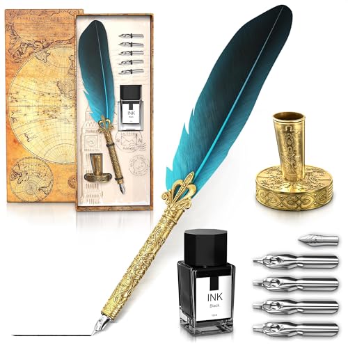 Vintage Feather Quill Pen and Ink Set - Elegant Blue Feather Pen and Ink Set for Signatures, Writing, and Drawing - Calligraphy Kit with Stainless Steel Nib for Beginners and Calligraphy Enthusiasts - color: Blue