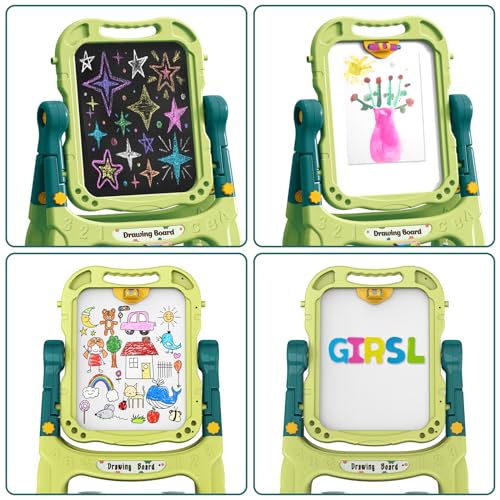 Kids Art Easel, Adjustable Drawing White Board & Chalk Board, Toddler Double Sided Easel with Painting Accessories, Birthday Gift for Girls Boy Age 3 4 5 (Green) - color: Green
