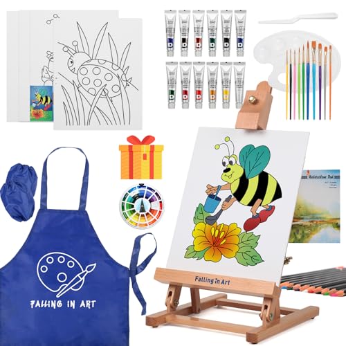 Falling in Art Painting Set for Kids with Table Easel, Acrylic Painting Starter Kit with Art Smock, Acrylic Paints, Colored Pencils, Paint Brushes, Canvas Panels and Watercolor Pad for Christmas Gift - color: Blue