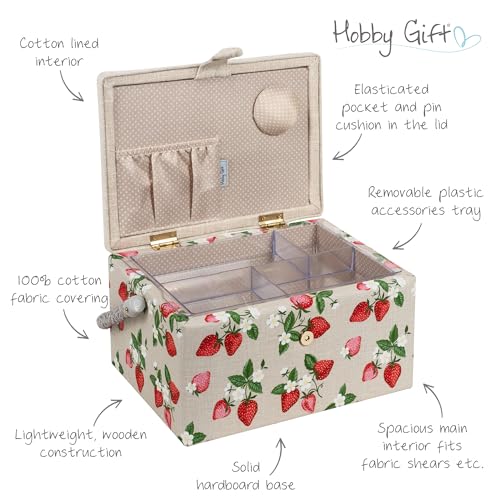 Hobby Gift Medium Sewing Box Organiser, Fabric Covered Storage Box with Handle, Internal Tray, Pin Cushion and Pocket for Sewing, Quilting and Knitting Supplies - color: Strawberries
