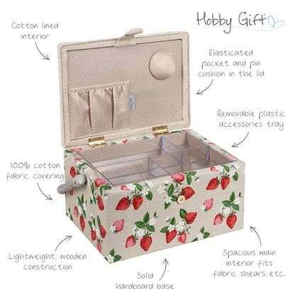 Hobby Gift Medium Sewing Box Organiser, Fabric Covered Storage Box with Handle, Internal Tray, Pin Cushion and Pocket for Sewing, Quilting and Knitting Supplies - color: Strawberries