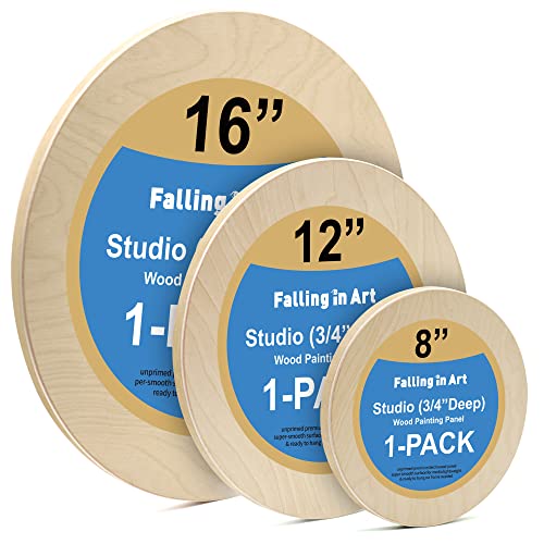 Falling in Art Unfinished Round Birch Wood Canvas Panels Kit, 3 Pack of 3 Sizes 8', 12' and 16' Studio 3/4’’ Deep Cradle Boards for Pouring Art, Crafts, Painting, and More - size: 8'+12'+16' round 1 PACK