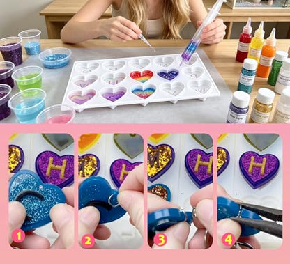 GEOCCI Keychain Resin Molds, 27 Cavities Heart-Shaped Alphabet Resin Mold Kit for Keychain, Pet Tag, Crafts Making（Silicone Products with Holes）