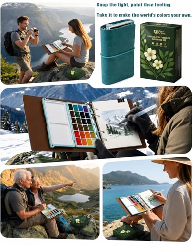 Mini Travel Watercolor Sketchbook Set - 24 Colors Pocket Paint Kit (6 Metallic, Neon, Macaron) with Refillable 300gsm Black & White Paper - PU Leather Urban Sketching Binder & Water Brush Gift - color: Green