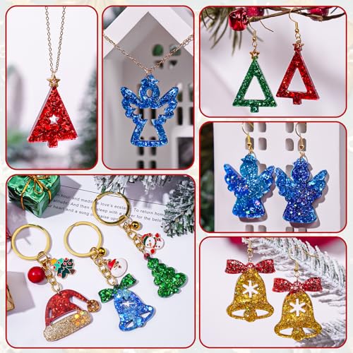Christmas Resin Earring Molds with Varieties of Shapes and Sizes, Christmas Tree Snowman Angel Silicone Mold with Hole, Pendant Earrings Keychain Jewelry Resin Casting Mold New Year Gift
