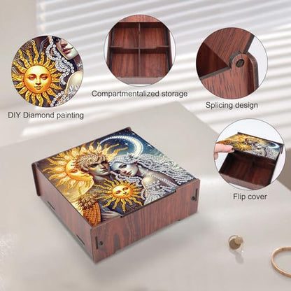 DIY Diamond Art Storage Box, Sun & Moon Deity Design Wooden Diamond Painting Case with Flip-Top Lid and 4 Divided Compartments, Desktop Craft, Jewelry and Accessories Supplies Storage Container - color: Sun & Moon