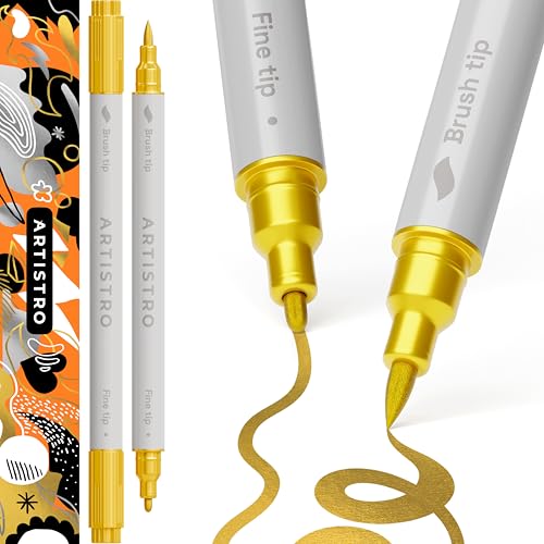ARTISTRO 2 Gold Dual-Tip Acrylic Paint Pens - Multisurface Markers for Glass, Rock, Fabric, Wood, Plastic & More - 1 mm Fine & Brush Tips - color: Gold, style: Dual Tip Brush + Fine