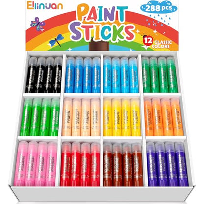 Ellinjan 288 Pcs Tempera Paint Sticks for Kids, 12 Classic Colors, Washable & Quick-Drying Twistable Solid Paint Sticks, Bulk Art Supplies for Drawing & Painting, Classroom School Supplies