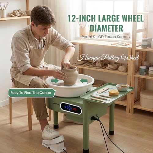 Huanyu Pottery Wheel Machine 12in with Bat System Detachable Extended Tray, Electric Pottery Forming Machine Foot Pedal & LCD Screen 350W Art Clay DIY Sculpting Tool Kit