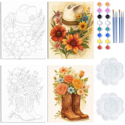 WEBEEDY 2 Pack Pre Drawn Stretched Canvas Kit for Adult Painting Flower Paint and Sip Set Coloring Outline Painting Board for Christmas Valentine's Day Paint Party Favor,8x10 Inch(Cowboy Boot and Hat)
