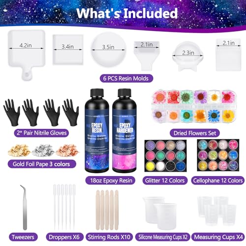 KISREL Epoxy Resin Kit for Beginners, Resin Kit with Molds, 18OZ Epoxy Kit with Dried Flowers, Measuring Cups and Resina Supplies - size: 6 Large Molds