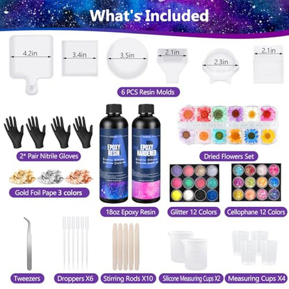 KISREL Epoxy Resin Kit for Beginners, Resin Kit with Molds, 18OZ Epoxy Kit with Dried Flowers, Measuring Cups and Resina Supplies - size: 6 Large Molds
