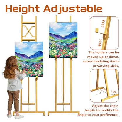 Easel Stand, 13.5" x 53.5" Adjustable Height Metal Easel Display Stand, Square Tube Gold - color: Gold