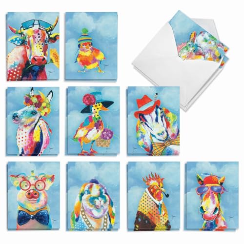 The Best Card Company Assorted Blank Greeting Card Box Set - Incl. 20 Cards + Envelopes - 10 Unique Designs - refined for Thank Yous, Invitations, More - Funny Farm AM6563OCB-B2x10 - style: Funny Farm