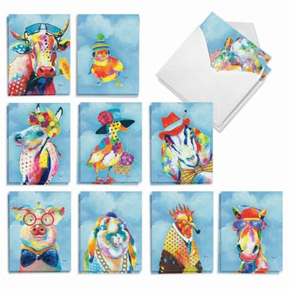 The Best Card Company Assorted Blank Greeting Card Box Set - Incl. 20 Cards + Envelopes - 10 Unique Designs - refined for Thank Yous, Invitations, More - Funny Farm AM6563OCB-B2x10 - style: Funny Farm