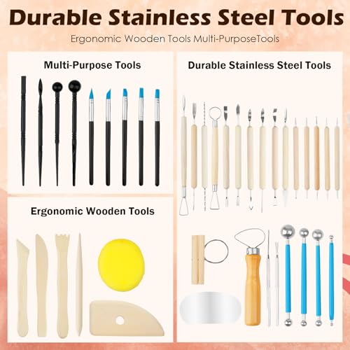 ROLYTA 41PCS Clay Sculpting Tools Kit, Pottery Tools with Organizer Storage Bag, Wooden, Stainless Steel Plastic Clay Tools, Sculpting Tool for DIY Handcraft, Modeling, Ceramic Carving
