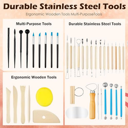 ROLYTA 41PCS Clay Sculpting Tools Kit, Pottery Tools with Organizer Storage Bag, Wooden, Stainless Steel Plastic Clay Tools, Sculpting Tool for DIY Handcraft, Modeling, Ceramic Carving