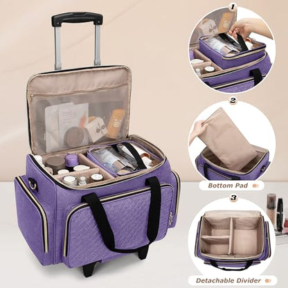 LUXJA Rolling Makeup Case with 3 Removable Pouches and 1 Makeup Brush Bag, Large Makeup Bag Cosmetic Bag with Detachable Dolly (Patented), Purple - color: Purple