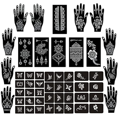 Temporary Tattoo Stencils Kit - 19 Sheets Butterfly, Flower, and Henna Stencils for Hands Body Paint, Glitter, Airbrush, and DIY