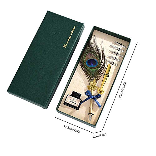 Feather Quill Pen Ink Set-Vintage Peacock Feather Pen with Holder,5pc Metal Pen Nib Writing Calligraphy Pen Set for Beginner