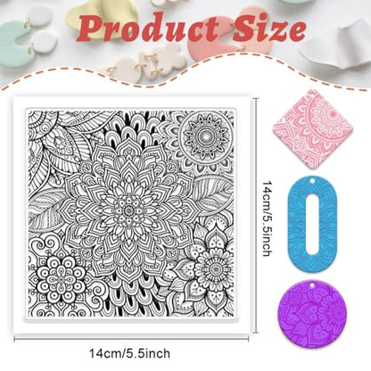 Mandala Flower Polymer Clay Texture Sheet Silicone Texture Stamp Sheets Boho Floral Clear Texture Mat Modeling Pad Reusable for Scrapbooking Polymer Clay Pottery Earrings Jewelry Making - style: Mandala