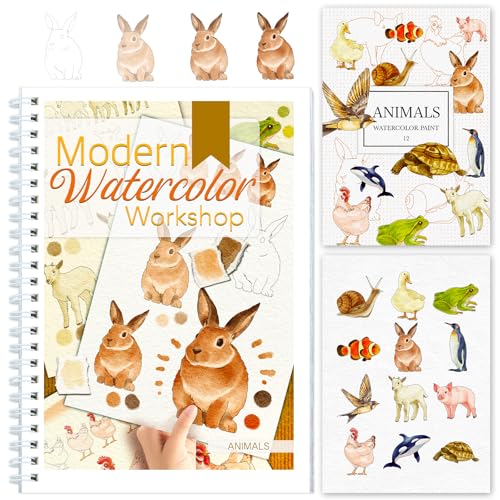 Watercolor Workbook with Step-by-Step - 12 Watercolor Coloring Pages - 100% Cotton 300gsm/140lb Watercolor Paper - Gift for Women, Adults, Beginners (Animals) - style: Animals