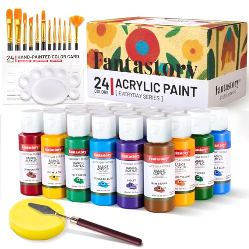 Fantastory Acrylic Paint Set, 24 x 60 ml with 12 Brushes; Christmas Acrylic Paint, Waterproof; For Artwork & DIY Projects on Canvas, Wood, Glass, Clay, Fabric, Ceramic, Paper, Canvas - style: 24 popular Colors
