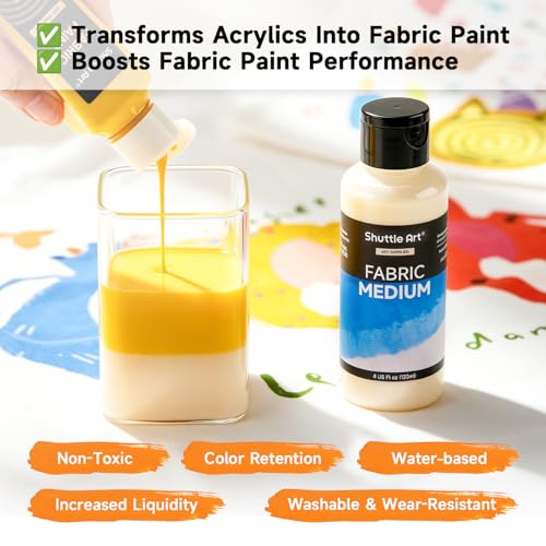 Shuttle Art Fabric Medium, 4 oz /118ml Professional Textile Medium for Fabric Painting, Improve Acrylic & Fabric Paint Adhesion, Softness, Vibrancy, Prevent Fading, Ideal for T-Shirts,Shoes,Jeans,Bags - size: 4 Fl Oz (Pack of 1)