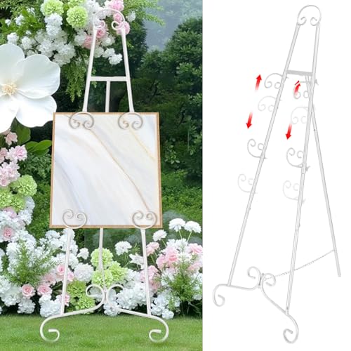 White Easel Stand for Sign, Adjustable Display Easel Stand with Chain, Wedding Poster Stand, Perfect for Displaying Photos, Artwork, Picture Frames etc - color: White