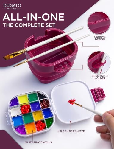 16-Well Airtight Gouache Palette Box with Lid & Foldable Water Cup, Pink | Compact Travel Design, Refillable Paint Storage Suitable for Watercolor & Acrylic - color: Pink
