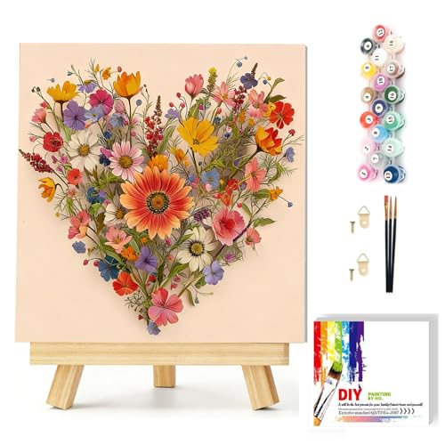 Gemozaic Flowers Paint by Numbers Kit for Adults with Frame and Easel, Heart Shaped Flowers Framed Adults' Paint by Number Kits for Mother's Day Gift,Home, Wall Decor, 8x8 Inch - color: BKH2152