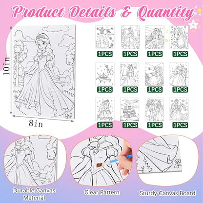 Ireer 12 Set Paint Party Set 8 x 10 Sip and Paint Kit Include 12 Printed Pre Drawn Canvas Panel, Wooden Easels, Palettes, Pots, Apron 36 Brushes for Adult Art DIY Party(Princess) - style: Princess