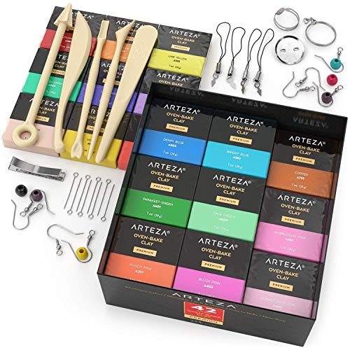Arteza Polymer Clay Kit 42 with Pottery Tools & Clay Sculpting Tools Set of 22, Art Supplies for Artist, Hobby Painters & Beginners