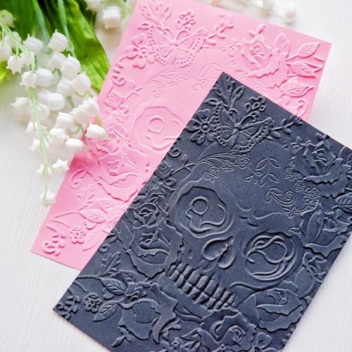 DIYology 3D Skull Embossing Folders for Card Making,Flowers and Skull Texture Embossing Folder Template for DIY Paper Crafts Scrapbooking Polymer Clay Decoration