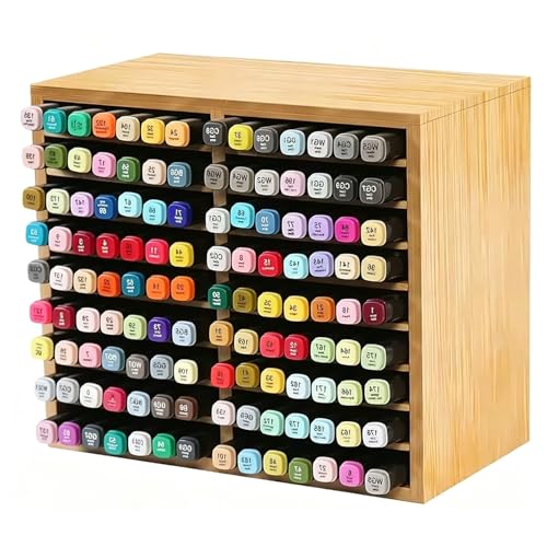 126 Bamboo Marker Organizer, Desktop Storage Hold 126 Markers, 18 Compartments Marker Storage for Home, Classroom, Office, Pen Pencil Holder Desk Art Supply Organizer