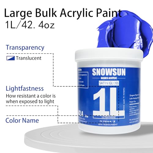 SNOWSUN Ultramarine Acrylic Paints, Large Bulk Heavy Body Acrylic Paint (42.4 oz, 1L) - Non Toxic Gloss Thick Art Paint for Multi-Surface, Ideal for Canvas Wood Ceramic Fabric and Leather, Stone Craft, for Artists & Beginners - color: Ultramarine
