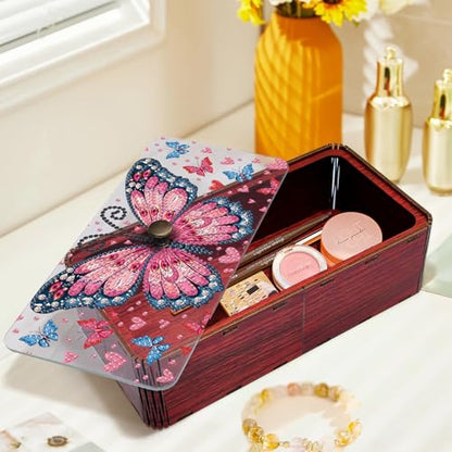Diamond Art Painting Storage Box Kit, DIY Rectangular Wooden Decorative Container Holder with Lid, Snack Jewelry Gem Art Organizer Case for Adults (Butterfly) - style: Butterfly
