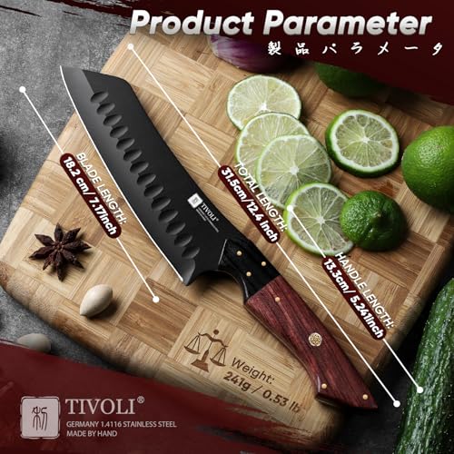 TIVOLI Santoku Knife 7 Inch - Japanese Chef Knife for Fish - Bunka Knives for Meat - Kiritsuke for Vegetables - Black Slicing Knives with Full Tang Handle - Cooking Gifts for Men and Women - size: 7.1"